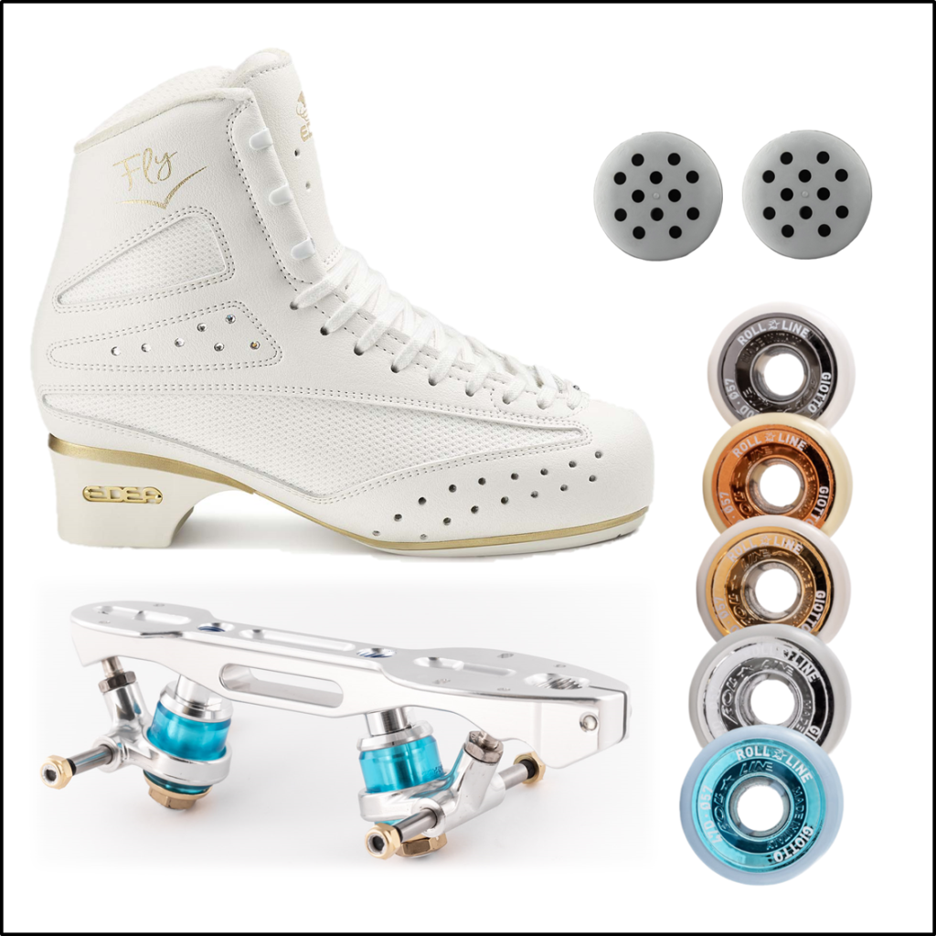 conjunto de patinaje artistico profesional, para patinadores que buscan el maximo rendimiento en pista, bota Edea fly base Roll line mistral y ruedas Roll line giotto