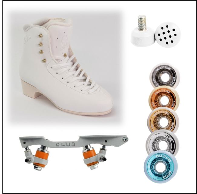 conjunto de patinaje artístico profesional para patinadoras y patinadores de nivel intermedio, bota Belati iris micro base Queen skate club y ruedas Roll line giotto